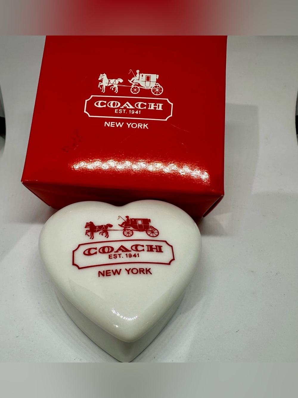 Authentic Vintage COACH Ceramic Heart Trinket Box with Original Presentation Box